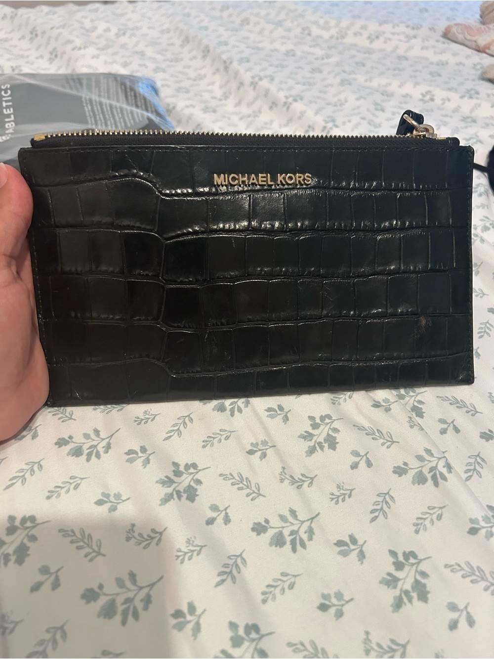 Michael Kors Black Croc-Embossed Leather Zip Pouch with Gold Hardware